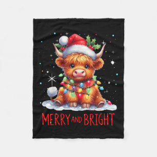 Cute Highland Baby Cow Christmas Lights Merry & Fleece Blanket