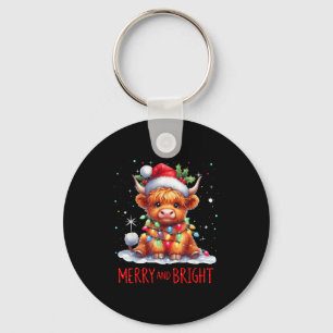 Cute Highland Baby Cow Christmas Lights Merry & Key Ring
