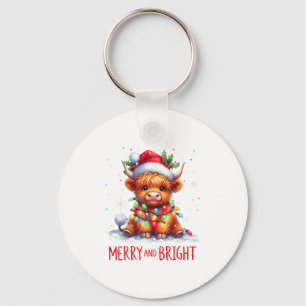 Cute Highland Baby Cow Christmas Lights Merry &amp Key Ring