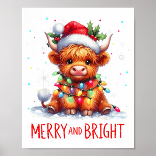 Cute Highland Baby Cow Christmas Lights Merry & Poster