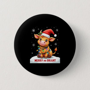 Cute Highland Baby Cow Christmas Lights Merry & Br 6 Cm Round Badge