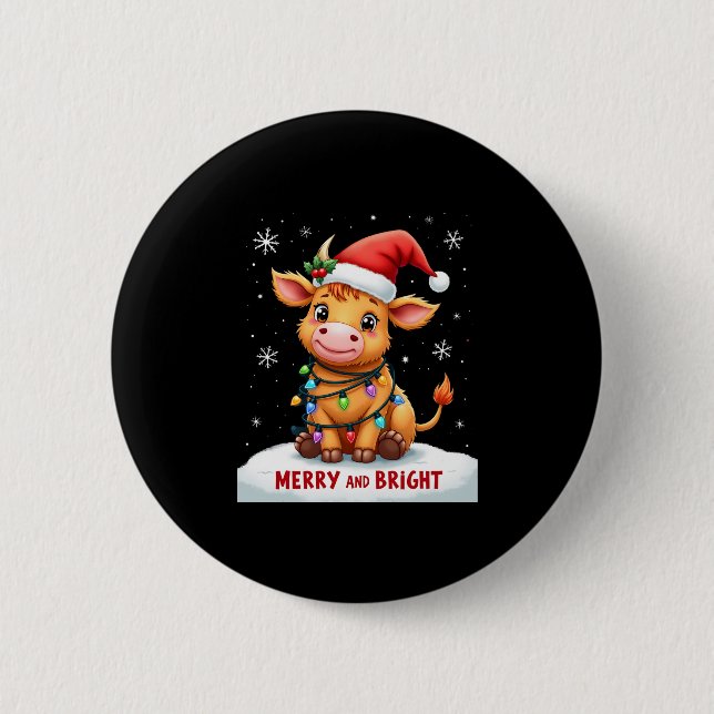 Cute Highland Baby Cow Christmas Lights Merry & Br 6 Cm Round Badge (Front)