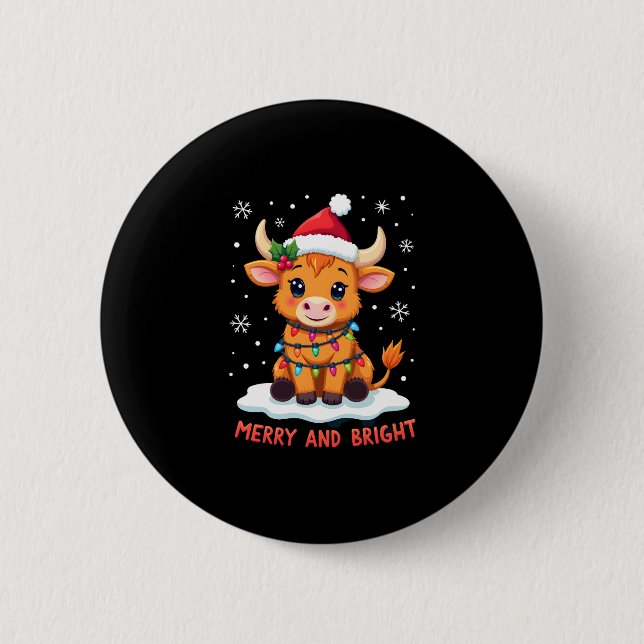 Cute Highland Baby Cow Christmas Lights Merry & Br 6 Cm Round Badge (Front)