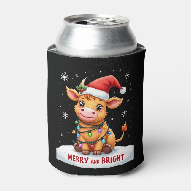 Cute Highland Baby Cow Christmas Lights Merry & Br Can Cooler (Can Front)