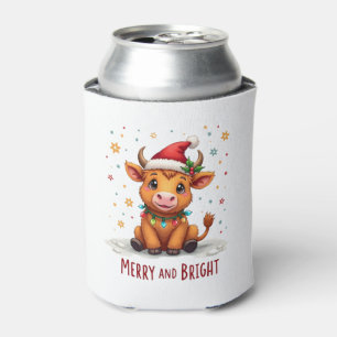Cute Highland Baby Cow Christmas Lights Merry & Br Can Cooler