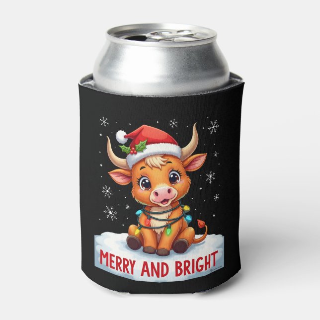 Cute Highland Baby Cow Christmas Lights Merry & Br Can Cooler (Can Front)