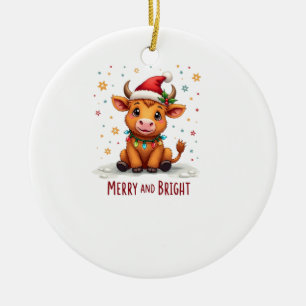 Cute Highland Baby Cow Christmas Lights Merry & Br Ceramic Tree Decoration