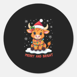 Cute Highland Baby Cow Christmas Lights Merry & Br Classic Round Sticker