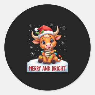 Cute Highland Baby Cow Christmas Lights Merry & Br Classic Round Sticker