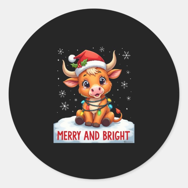 Cute Highland Baby Cow Christmas Lights Merry & Br Classic Round Sticker (Front)