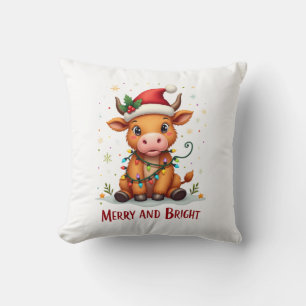 Cute Highland Baby Cow Christmas Lights Merry & Br Cushion