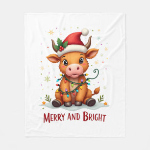 Cute Highland Baby Cow Christmas Lights Merry & Br Fleece Blanket