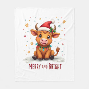 Cute Highland Baby Cow Christmas Lights Merry & Br Fleece Blanket