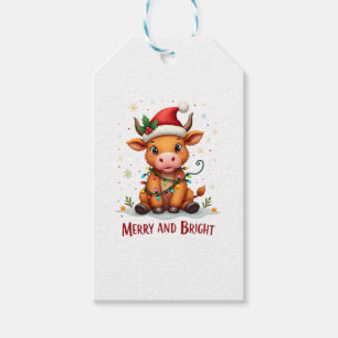 Cute Highland Baby Cow Christmas Lights Merry & Br Gift Tags