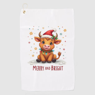 Cute Highland Baby Cow Christmas Lights Merry & Br Golf Towel
