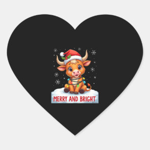 Cute Highland Baby Cow Christmas Lights Merry & Br Heart Sticker