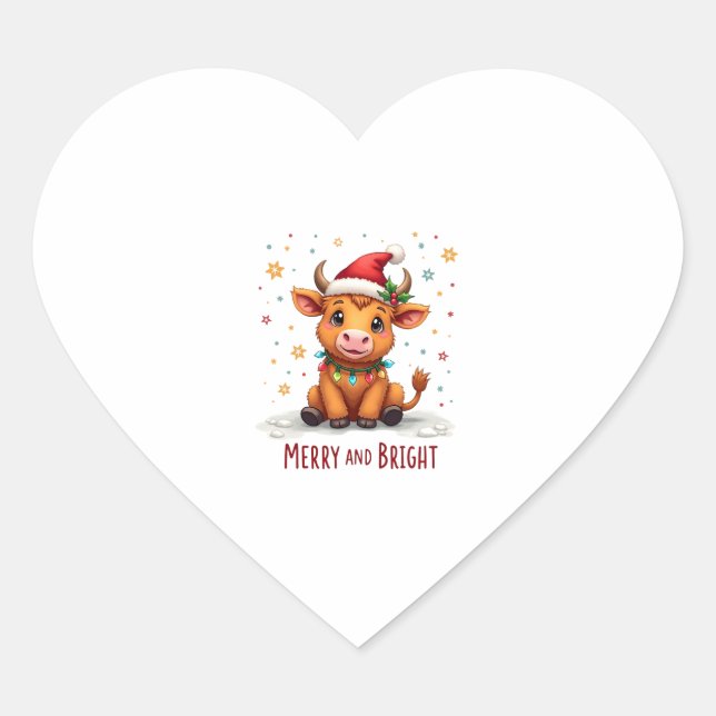 Cute Highland Baby Cow Christmas Lights Merry & Br Heart Sticker (Front)
