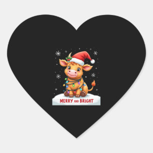 Cute Highland Baby Cow Christmas Lights Merry & Br Heart Sticker