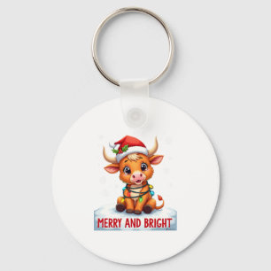 Cute Highland Baby Cow Christmas Lights Merry & Br Key Ring