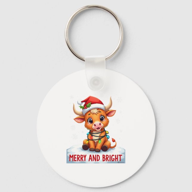 Cute Highland Baby Cow Christmas Lights Merry & Br Key Ring (Front)