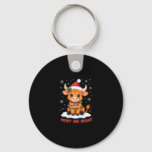 Cute Highland Baby Cow Christmas Lights Merry & Br Key Ring