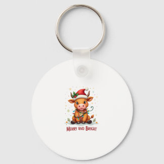 Cute Highland Baby Cow Christmas Lights Merry & Br Key Ring