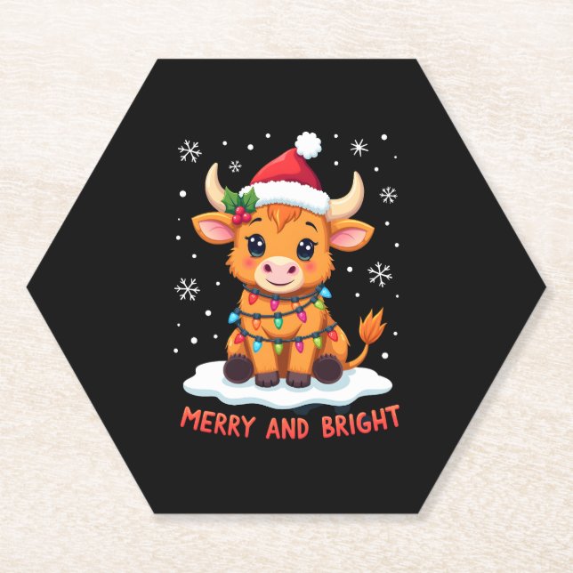 Cute Highland Baby Cow Christmas Lights Merry & Br Paper Coaster (Front)