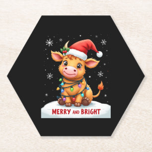 Cute Highland Baby Cow Christmas Lights Merry & Br Paper Coaster