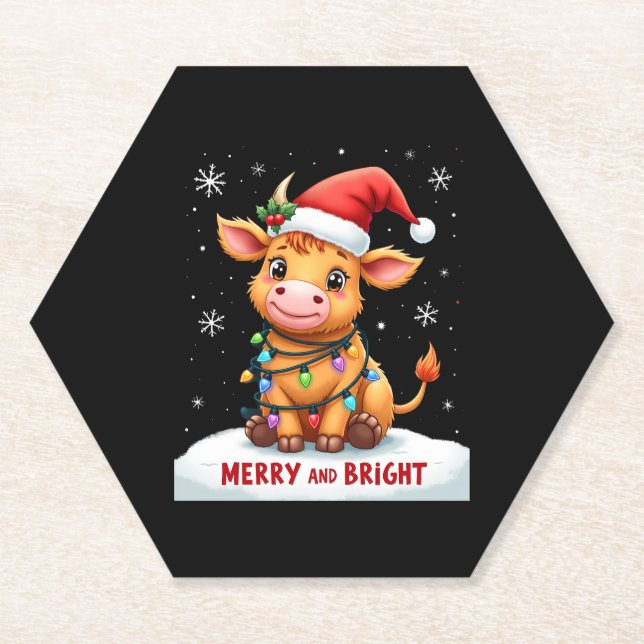 Cute Highland Baby Cow Christmas Lights Merry & Br Paper Coaster (Front)