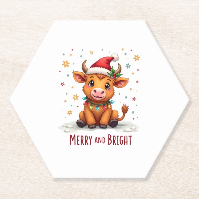 Cute Highland Baby Cow Christmas Lights Merry & Br Paper Coaster (Front)
