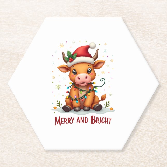 Cute Highland Baby Cow Christmas Lights Merry & Br Paper Coaster (Front)
