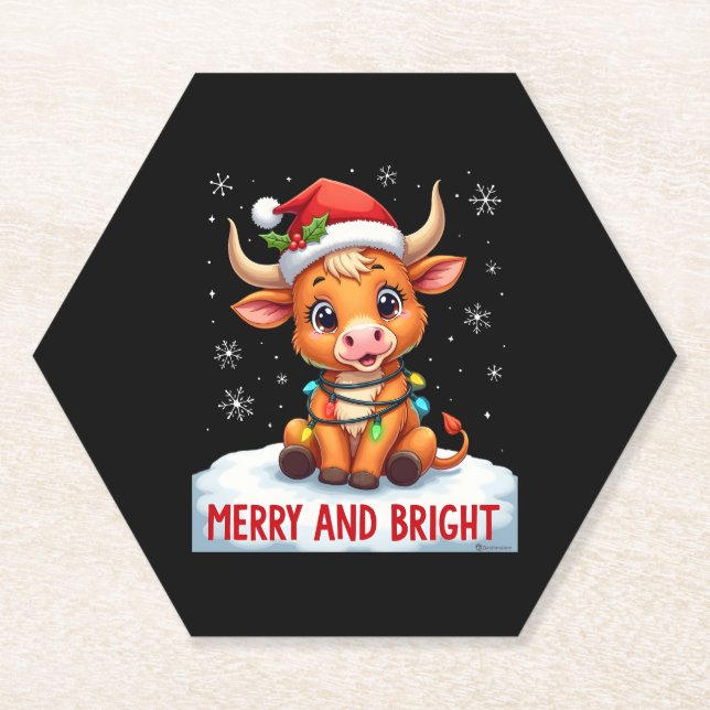 Cute Highland Baby Cow Christmas Lights Merry & Br Paper Coaster (Front)