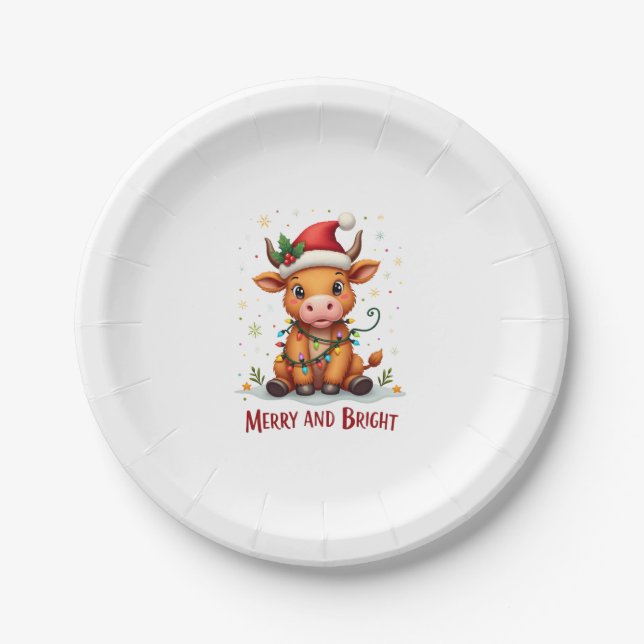 Cute Highland Baby Cow Christmas Lights Merry & Br Paper Plate (Front)