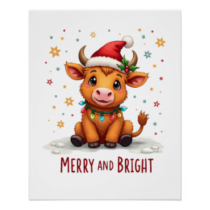 Cute Highland Baby Cow Christmas Lights Merry & Br Poster