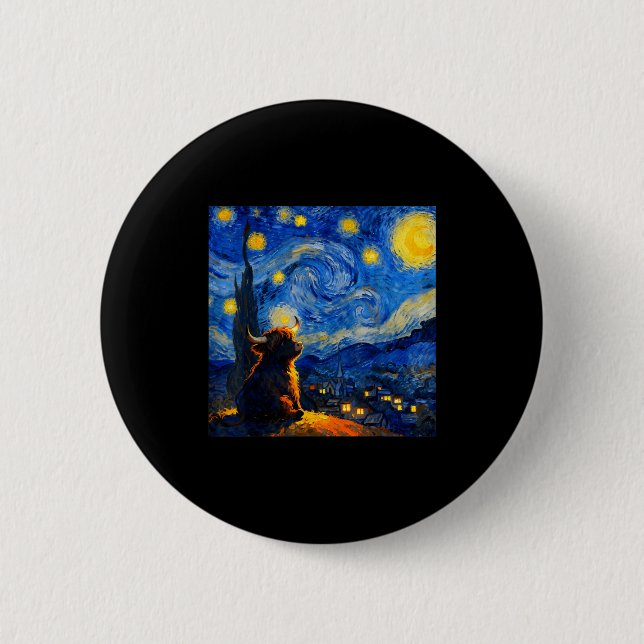 Cute Highland Baby Cow Graphic Van Gogh Style Star 6 Cm Round Badge (Front)