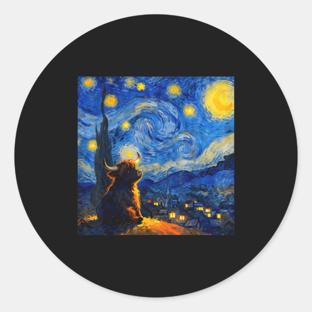 Cute Highland Baby Cow Graphic Van Gogh Style Star Classic Round Sticker (Front)