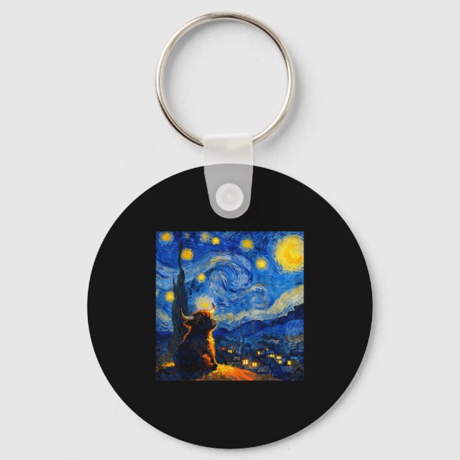 Cute Highland Baby Cow Graphic Van Gogh Style Star Key Ring (Front)