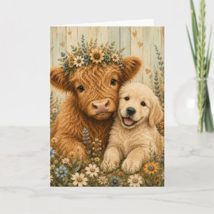 Cute Highland Calf & Golden Retriever Puppy Card