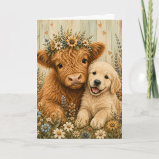 Cute Highland Calf & Golden Retriever Puppy Card