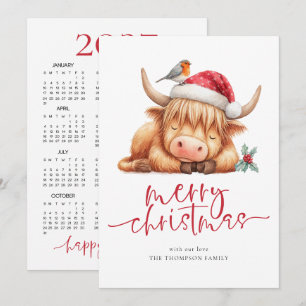 Cute Highland Cow 2027 Calendar Merry Christmas Holiday Card