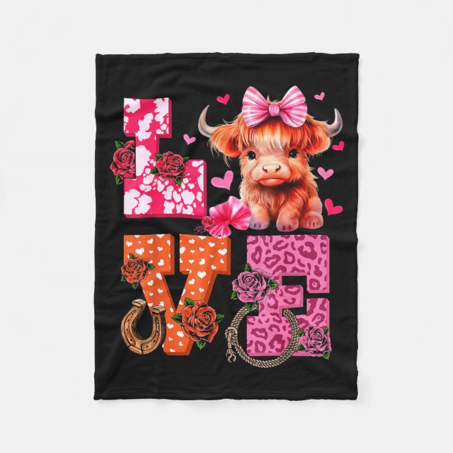 Cute Highland Cow And Nk Heart Valentines Day Love Fleece Blanket (Front)