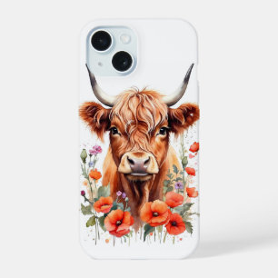 Cute Highland Cow And Poppy Flowers Watercolor iPhone 15 Case