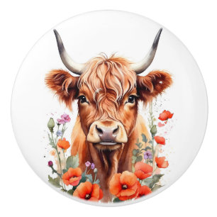 Cute Highland Cow And Red Poppies Watercolor Ceramic Knob