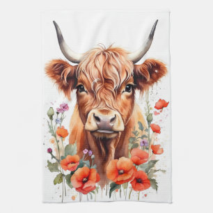 Cute Highland Cow And Red Poppies Watercolor Tea Towel