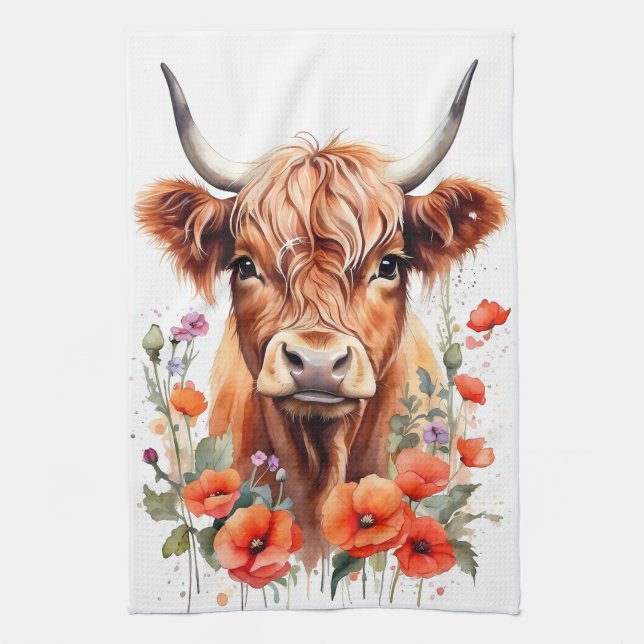 Cute Highland Cow And Red Poppies Watercolor Tea Towel (Vertical)