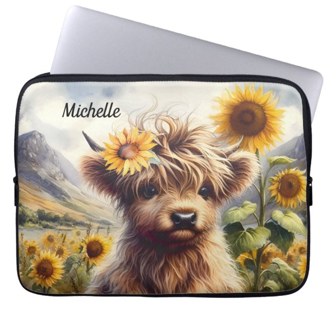 Cute Highland Cow And Sunflowers With Name Laptop Sleeve (Front)