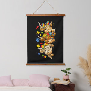 Cute Highland Cow Autism Awareness Puzzle Piece Hanging Tapestry