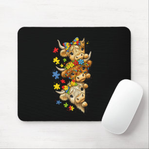 Cute Highland Cow Autism Awareness Puzzle Piece Mouse Mat
