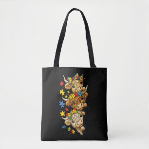 Cute Highland Cow Autism Awareness Puzzle Piece Tote Bag