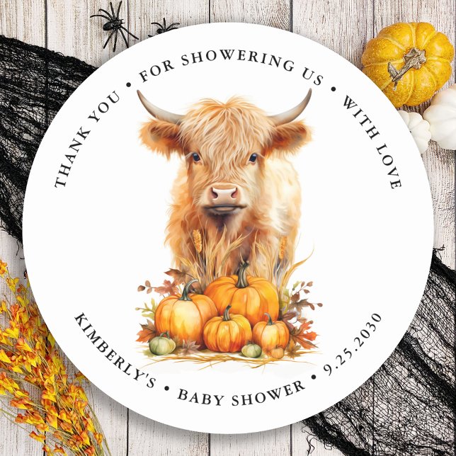 Cute Highland Cow Autumn Pumpkins Baby Shower Classic Round Sticker (Creator Uploaded)